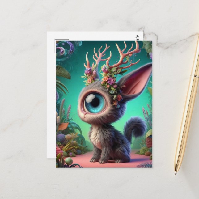 Carte Postale Adorable Lapin de Jackalope Fluffy avec oeil uniqu (Devant/Arrière en situation)