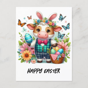 Carte Postale Adorable Lapin de vache de Pâques en Costume bleu 