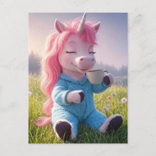 Carte Postale Adorable licorne avec un café