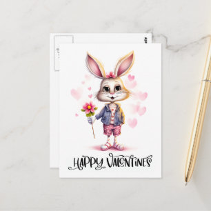 Carte Postale Adorable Mignonne Valentine Rabbit Fleurs roses