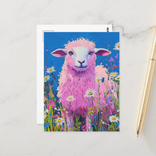 Carte Postale Adorable mouton rose dans les fleurs