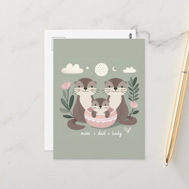 Carte Postale Adorable Otter Boho maman papa et bébé (Devant/Arrière en situation)