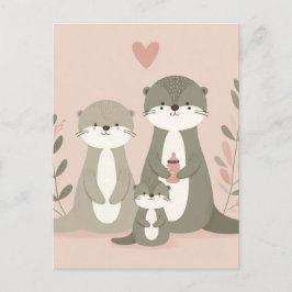 Carte Postale Adorable Otter Boho maman papa et bébé rose