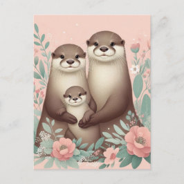 Carte Postale Adorable Otter Boho rose Rose Maman Papa et bébé