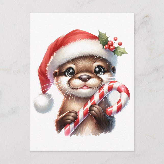 Carte Postale Adorable Otter de Noël à Santa Hat avec bonbon (Devant)