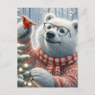Carte Postale Adorable Ours polaire de Noël et Arbre cardinal