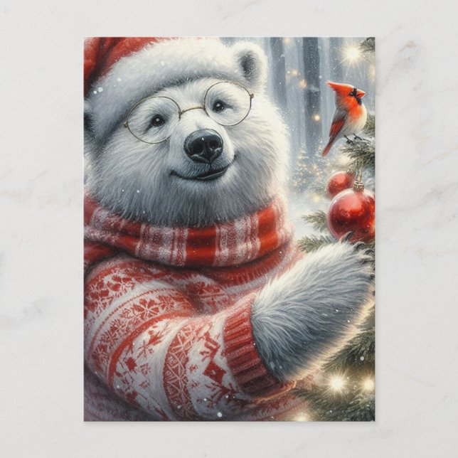 Carte Postale Adorable Ours polaire de Noël et Oiseau cardinal (Devant)