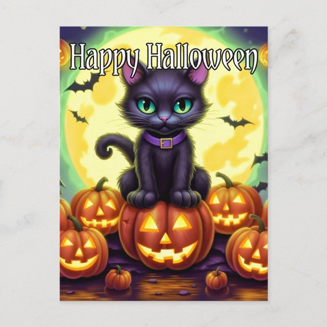 Carte Postale Adorable Petit Chat Kitty | Bonne Halloween (Devant)