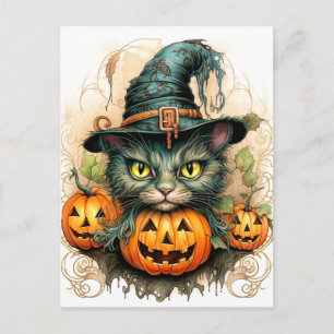 Carte Postale Adorable Petit Kitty Chat Sorcière