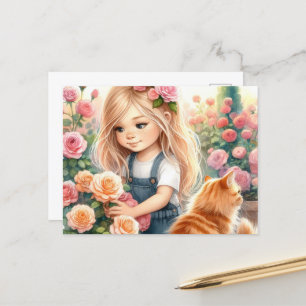 Carte Postale Adorable Petite Fille cueillir Roses avec Ginger C