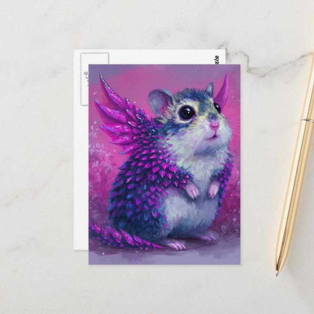 Carte Postale Adorable Pink Hamster Dragon (Devant/Arrière en situation)