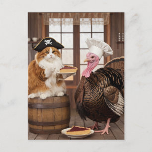 Carte Postale Adorable Pirate Kitty et Turquie Thanksgiving Pie
