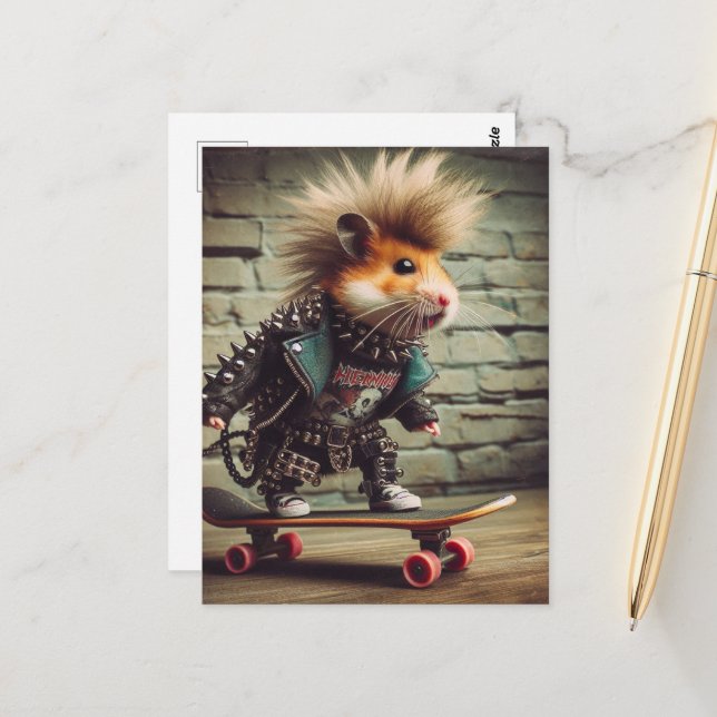 Carte Postale Adorable Punk Rock Skateboard Hamster (Devant/Arrière en situation)