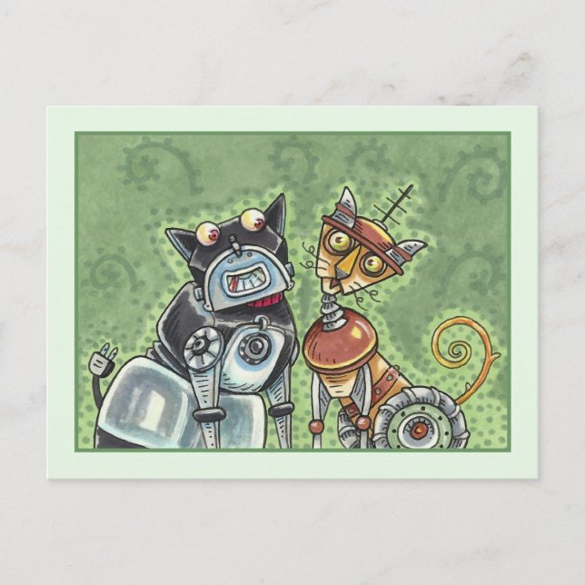 Carte Postale ADORABLE ROBOT BULLDOG ET FELINE AMI Drôle (Devant)