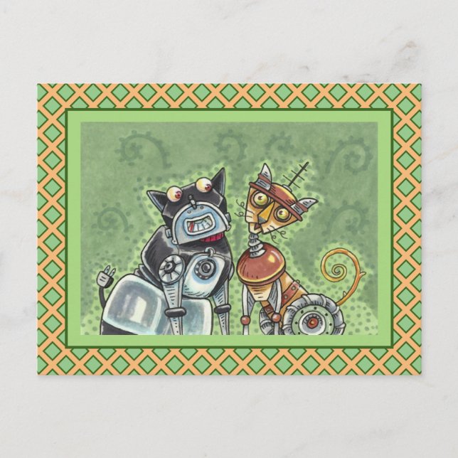 Carte Postale ADORABLE ROBOT BULLDOG & FELINE AMI Funny Blank (Devant)