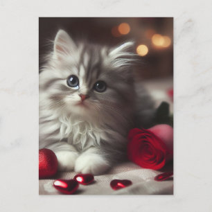 Carte Postale Adorable Saint-Valentin Fluffy Grey Kitten