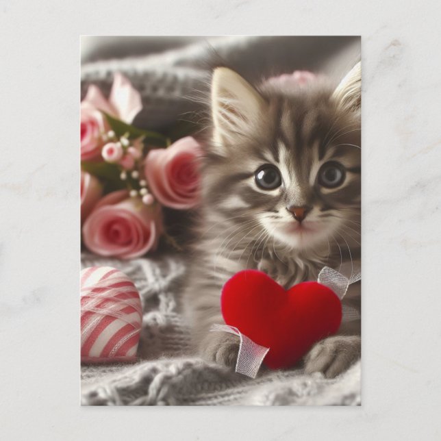 Carte Postale Adorable Saint-Valentin Fluffy Grey Kitten AI Art (Devant)