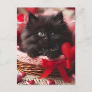 Carte Postale Adorable Saint Valentin Fluffy Kitten noir en pani