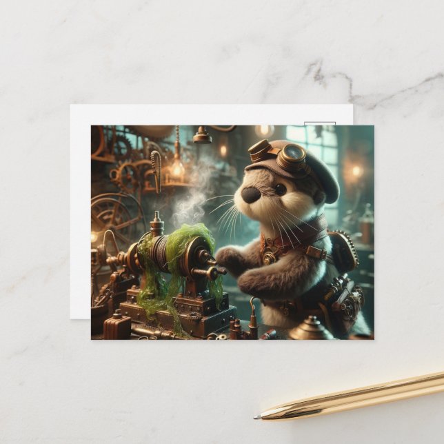 Carte Postale Adorable Steampunk Otter fonctionne sur les machin (Devant/Arrière en situation)