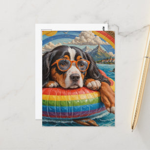 Carte Postale Adorable Tri Color Dog aime Flotter dans un lac
