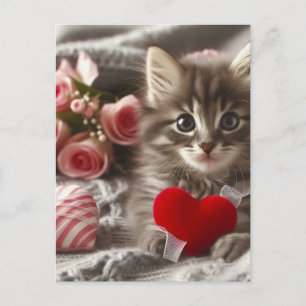 Carte Postale Adorable Valentine Fluffy Grey Kitten AI Art