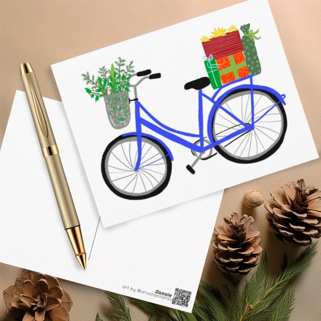 Carte Postale Adorable Vélos de Noël Vacances cadeaux de Noël (Cheerful holiday bicycle postcard with gifts and cheer! Customize with your own text)