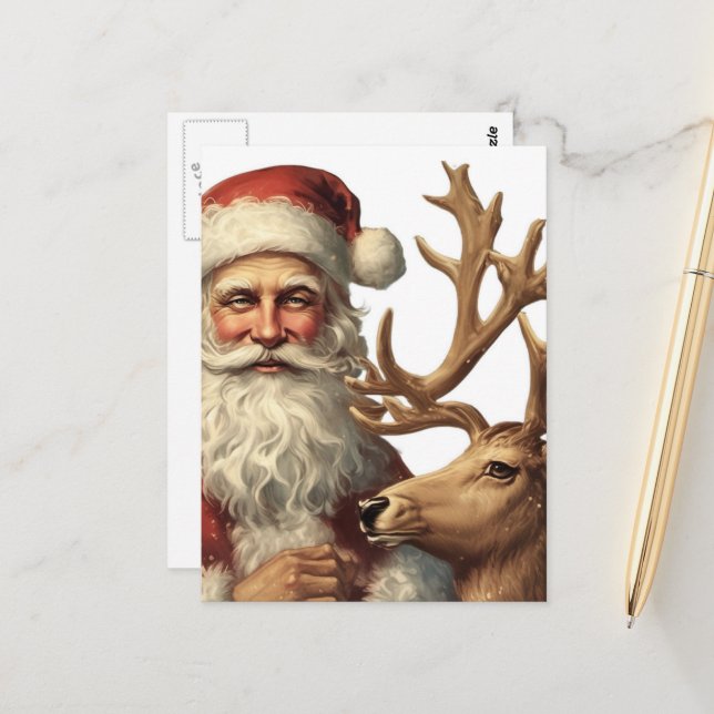 Carte Postale Adorable Vintage Santa and Reindeer (Devant/Arrière en situation)