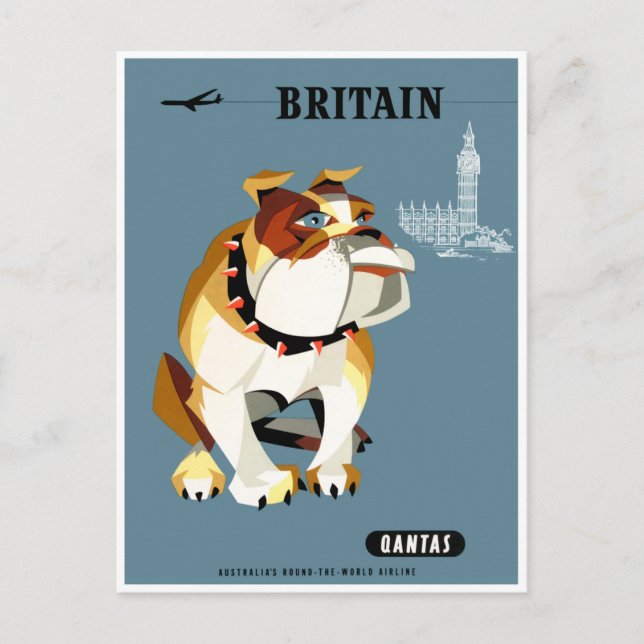 Carte Postale Affiche 1960 de voyage de bouledogue de Qantas (Devant)