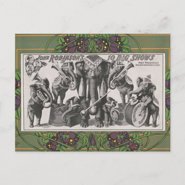 Carte Postale Affiche de cirque d'éléphants jouant des instrumen (Devant)