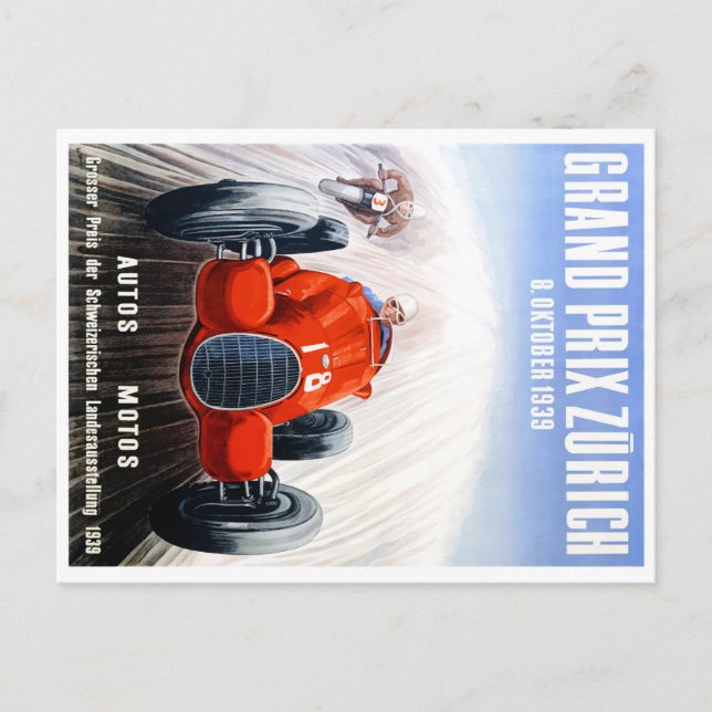 Carte Postale Affiche de course du Grand Prix de Zurich 1939 (Devant)