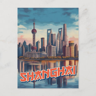 Carte Postale Affiche de Shanghai Skyline : Vivant paysage urbai