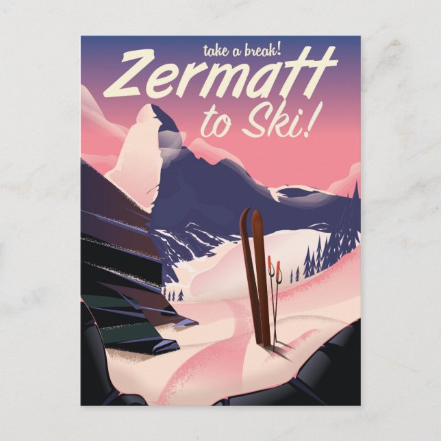 Carte Postale Affiche de vacances rétro Ski Zermatt (Devant)