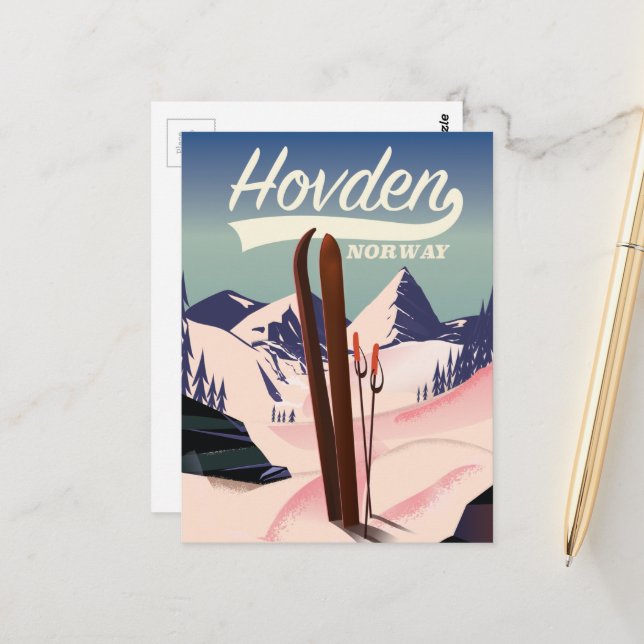 Carte Postale Affiche de voyage de ski à Hovden Norvège. (Devant/Arrière en situation)