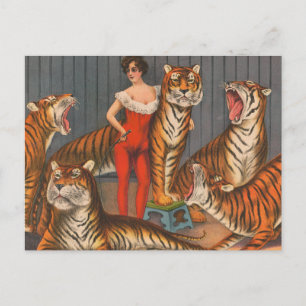 Carte Postale Affiche vintage De Cirque De Femme Avec Six Tigres