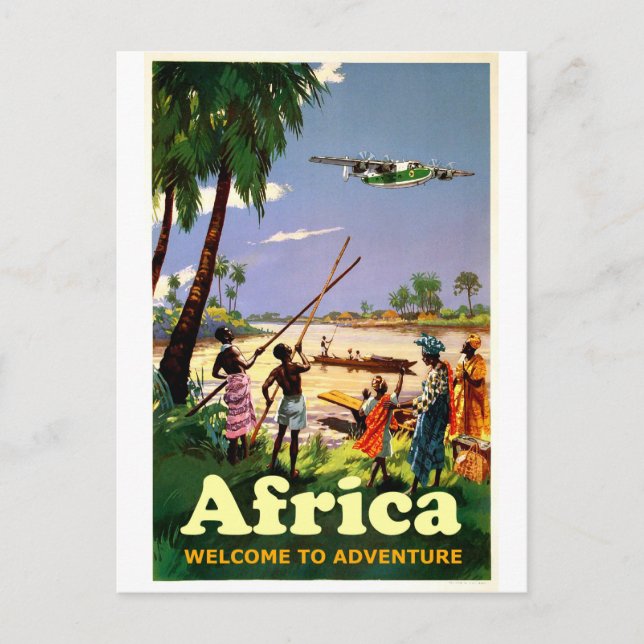 Carte Postale Afrique, tribu africaine regardant l'avion à venir (Devant)