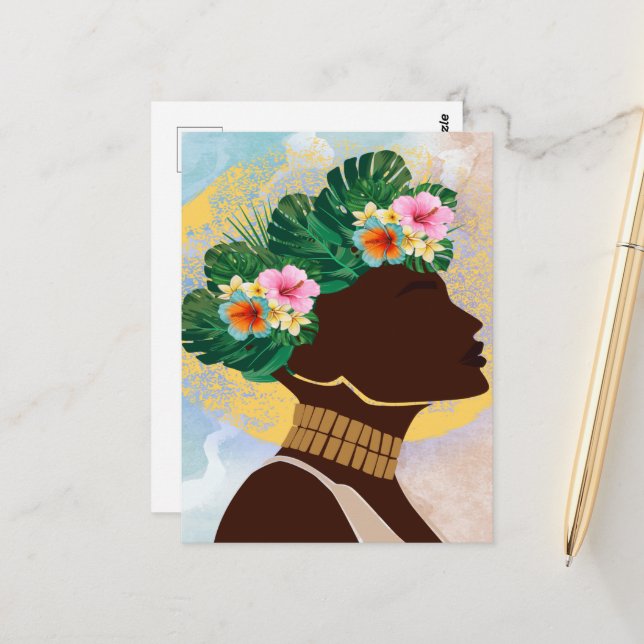 Carte Postale Afro-Américaine Femme Florale Couronne (Devant/Arrière en situation)