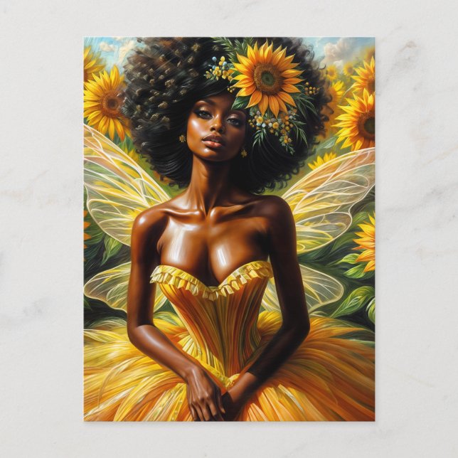 Carte Postale Afro Fairy Girl with Dark Skin and Sunflowers (Devant)