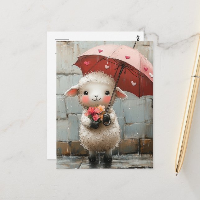 Carte Postale Agneau aux fleurs et parapluie (Devant/Arrière en situation)