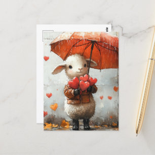 Carte Postale Agneau avec Coeurs et Parapluie