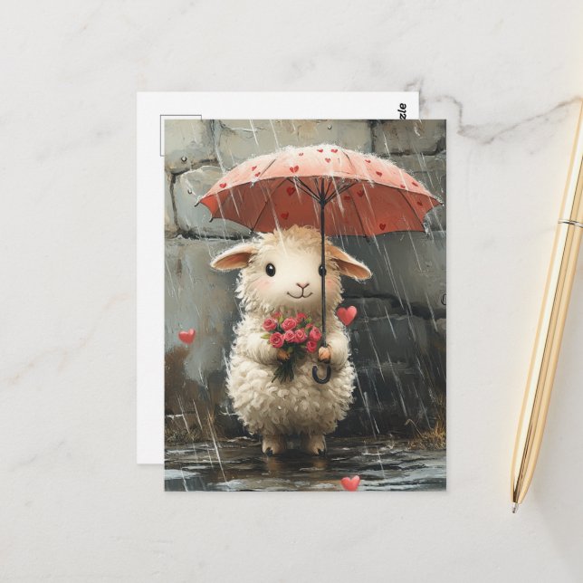 Carte Postale Agneau avec des cœurs, des roses et un parapluie (Devant/Arrière en situation)