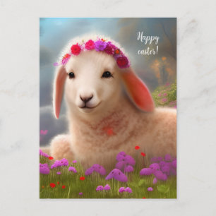 Carte Postale Agneau de Pâques mignon avec fleurs - Pâques