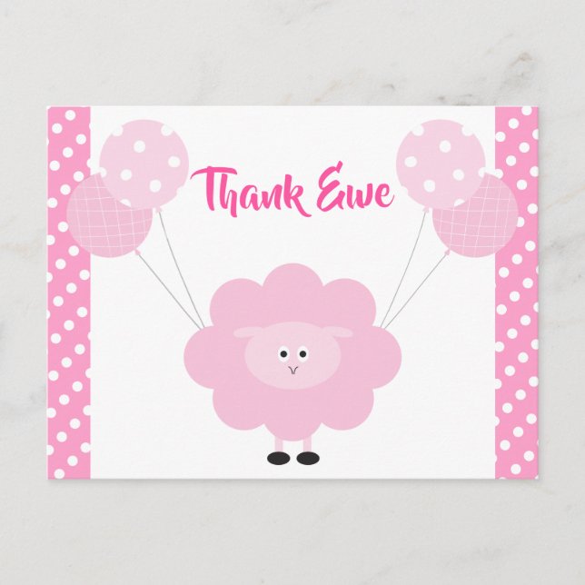 Carte Postale Agneau rose doux fille Baby shower Merci mignon (Devant)
