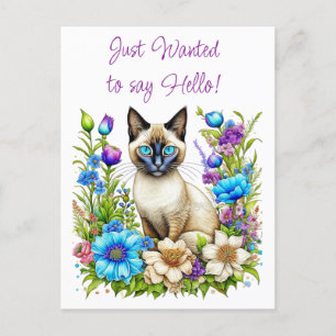 Carte Postale Ai Aquarelle Siamese Chat en Fleurs
