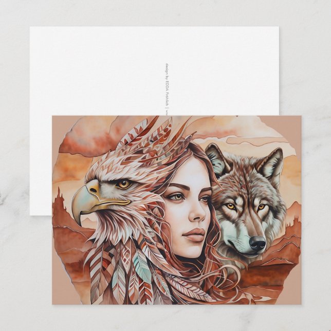 Carte Postale Aigle - Femme - Loup - aquarelle art 1 - Amusants (Devant / Derrière)