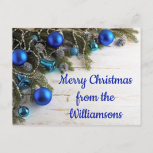 Carte Postale Aiguilles de pin, cônes et ornements bleus Noël