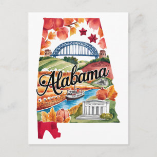 Carte Postale Alabama États-Unis État Forme Aquarelle Vintage