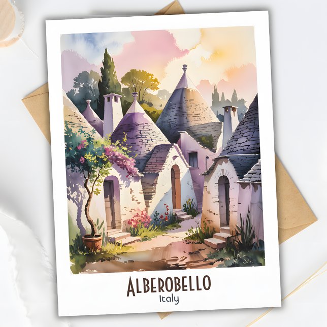 Carte Postale Alberobello Italie Trulli Aquarelle - Texte person (Alberobello Italy Trulli Watercolor Postcard)