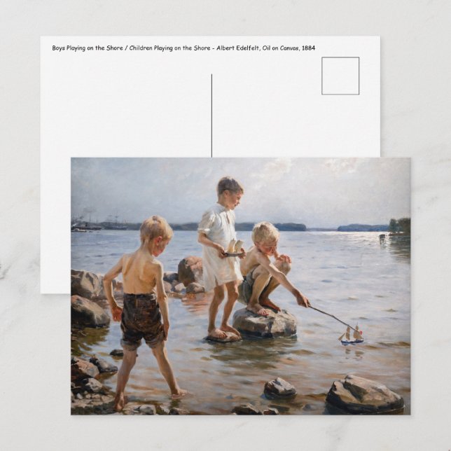 Carte Postale Albert Edelfeue - Les garçons jouent sur le rivage (Devant / Derrière)