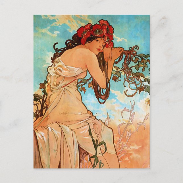 Carte Postale Alfons Mucha Art Nouveau Peinture Été (Devant)