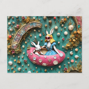 Carte Postale Alice et le lapin blanc en voyage en flottant